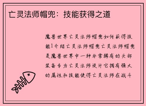 亡灵法师帽兜：技能获得之道