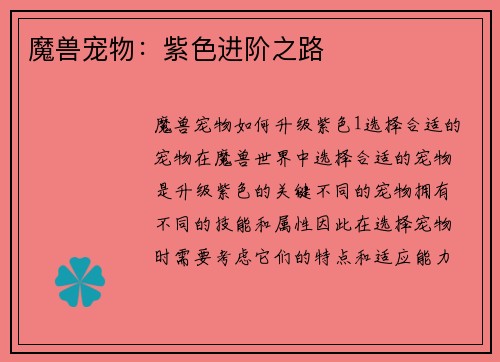 魔兽宠物：紫色进阶之路